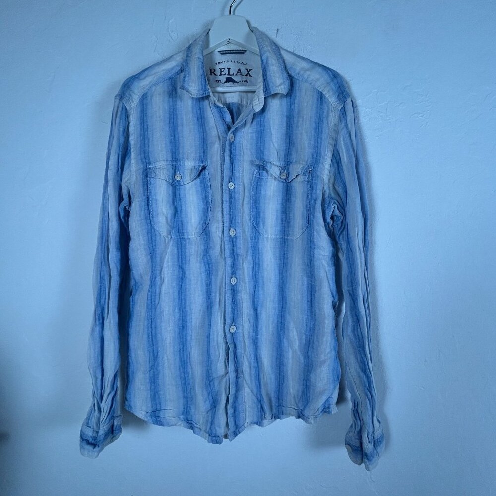 Tommy Bahama Relax Authentic Fit Men Long Sleeve Striped Blue Linen Shirt Medium